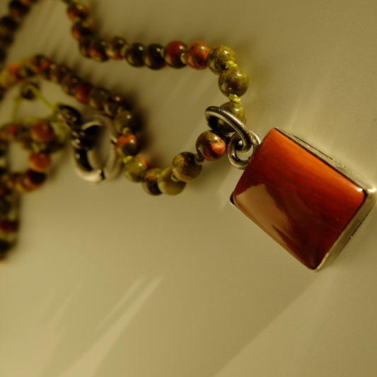 Camile Red Jasper Silver Pendant with Unakite bead strand