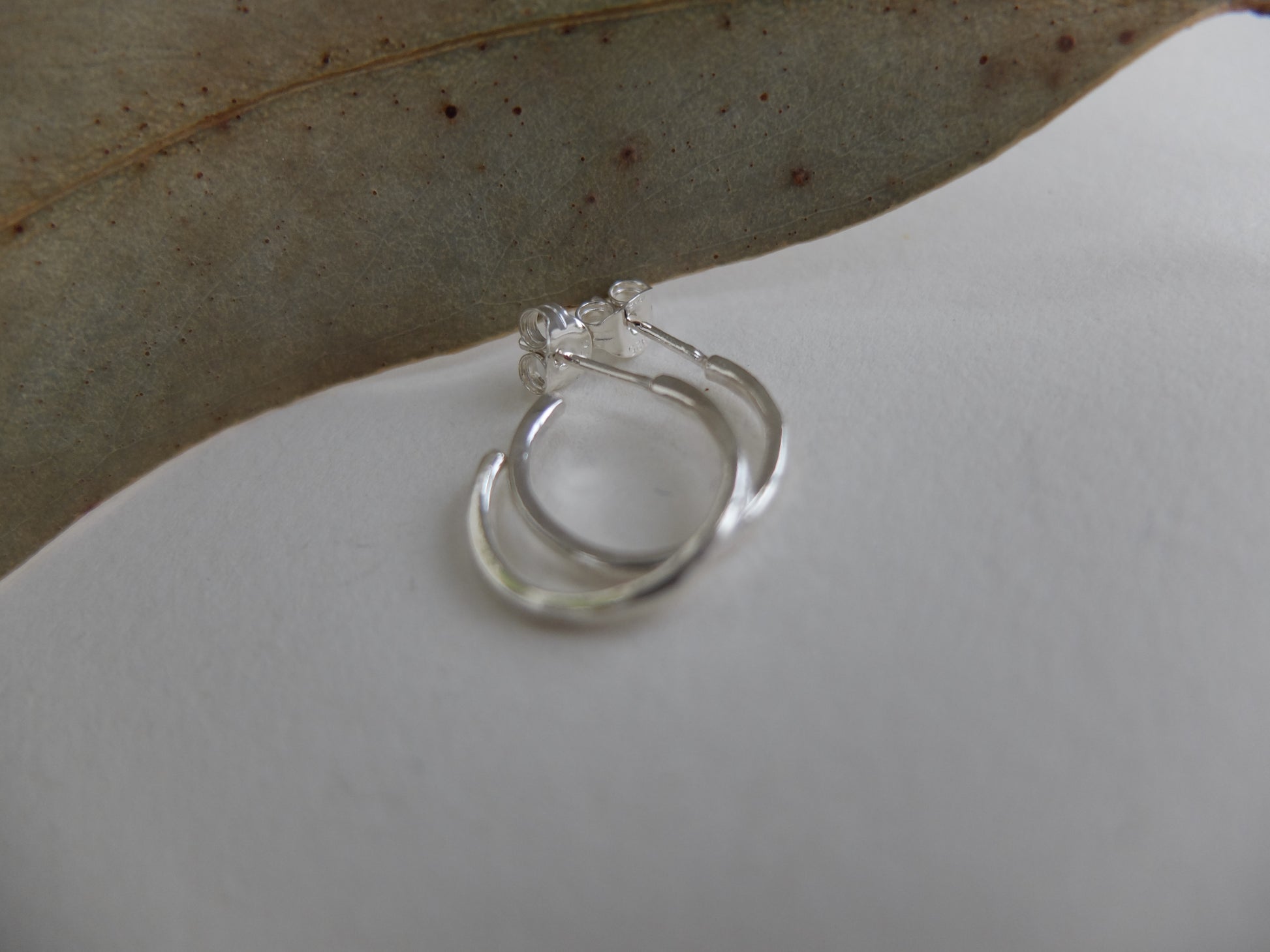 Silver hoop earrings on a white surface with a leaf in the background