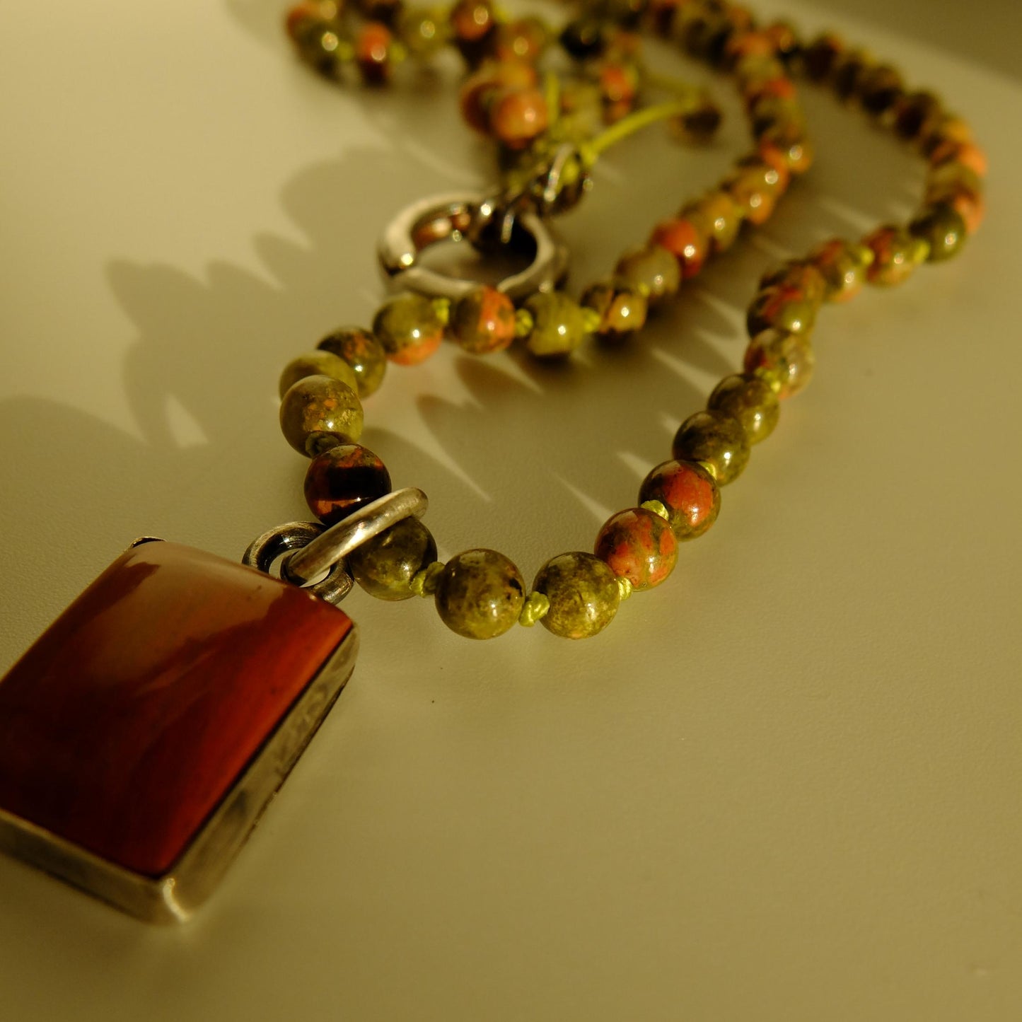 Camile Red Jasper Silver Pendant with Unakite bead strand