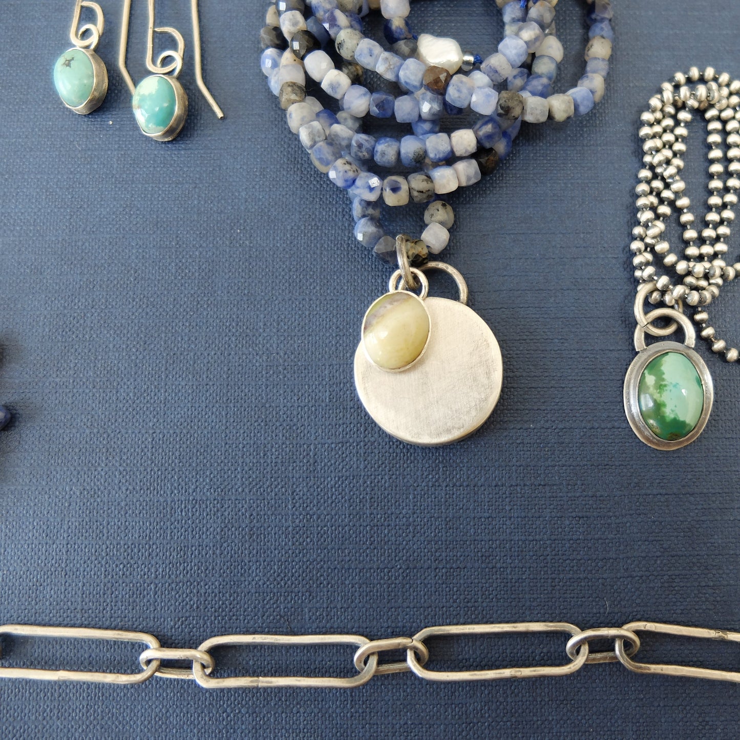 Helga Necklace in Sodalite Cube Beads with a Sterling Silver pendant