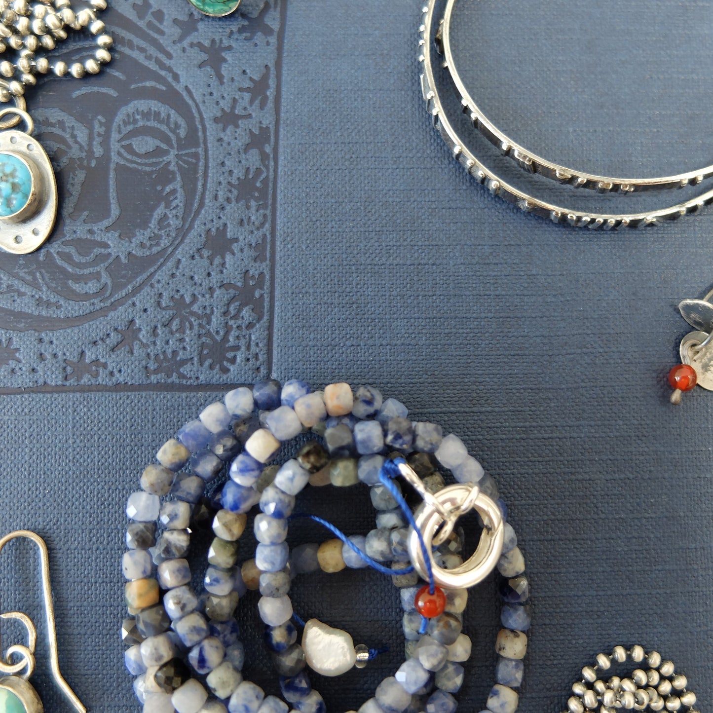 Helga Necklace in Sodalite Cube Beads with a Sterling Silver pendant