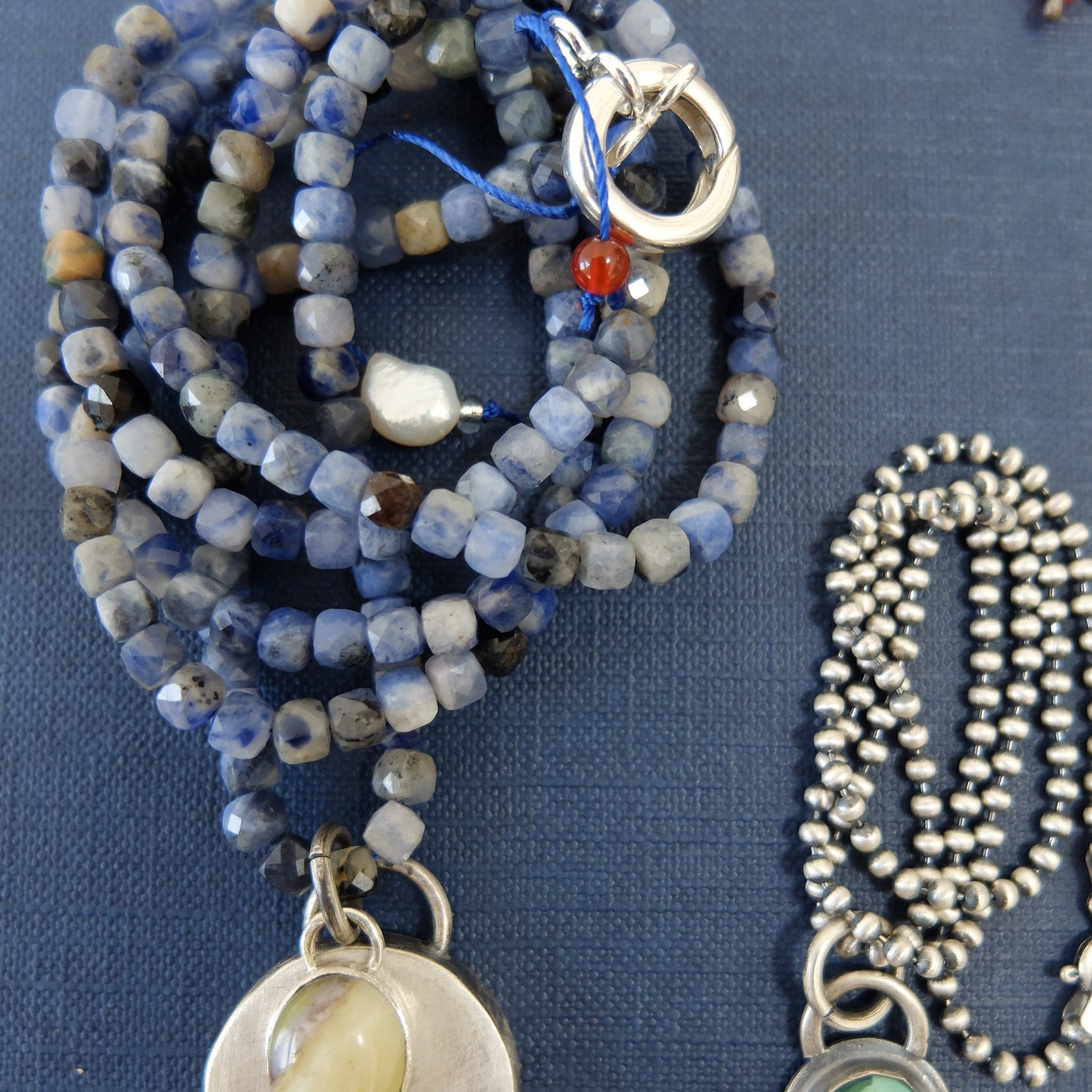 Helga Necklace in Sodalite Cube Beads with a Sterling Silver pendant