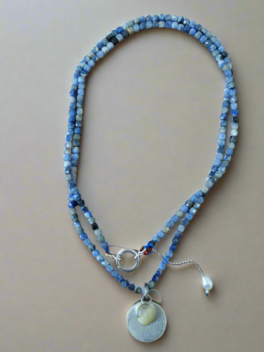 Helga Necklace in Sodalite Cube Beads with a Sterling Silver pendant