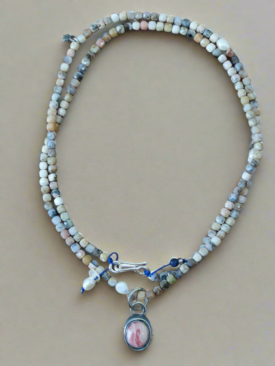 Ursa Pink Opal cube beads and Rhodochrosite Pendant in Sterling Silver