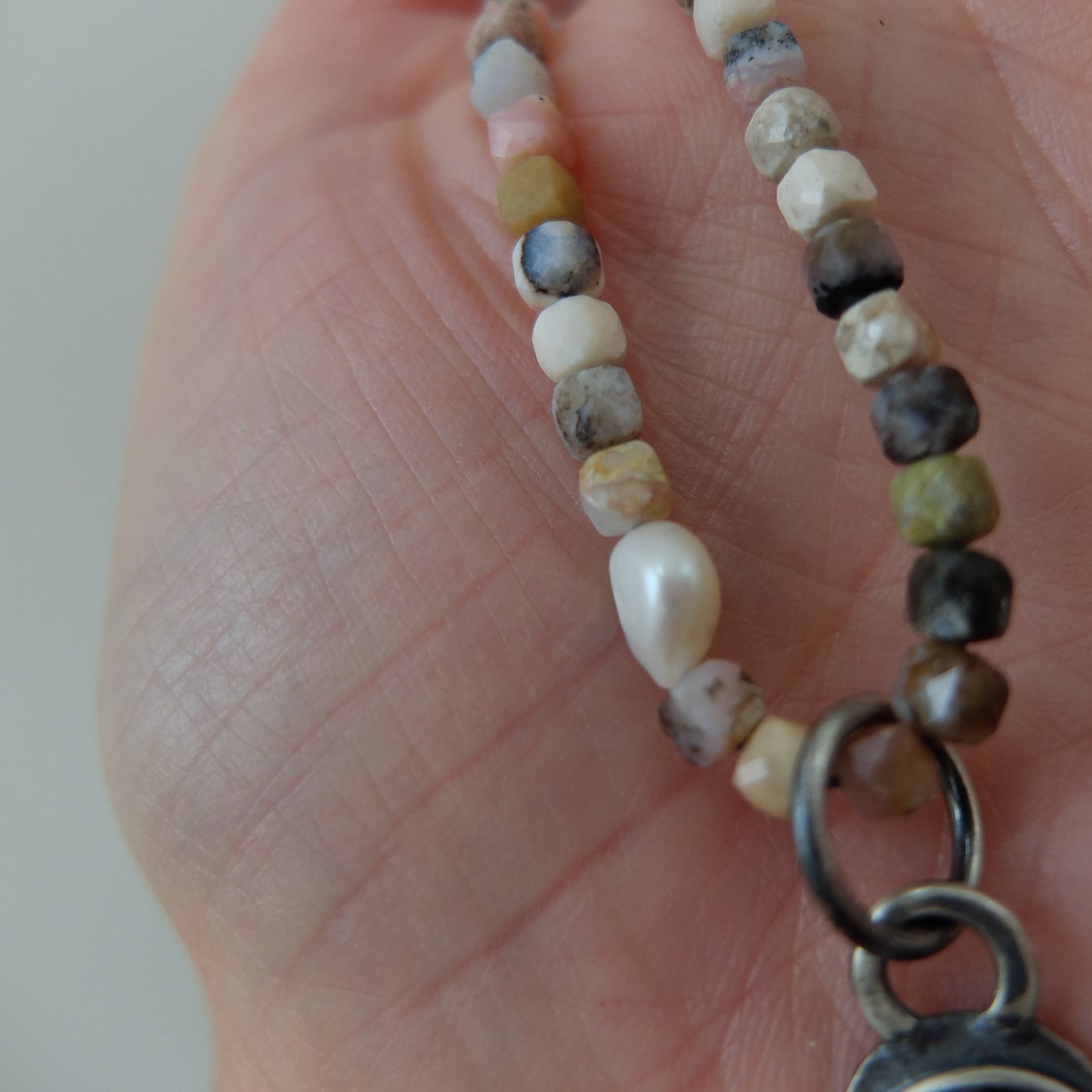 Ursa Pink Opal cube beads and Rhodochrosite Pendant in Sterling Silver
