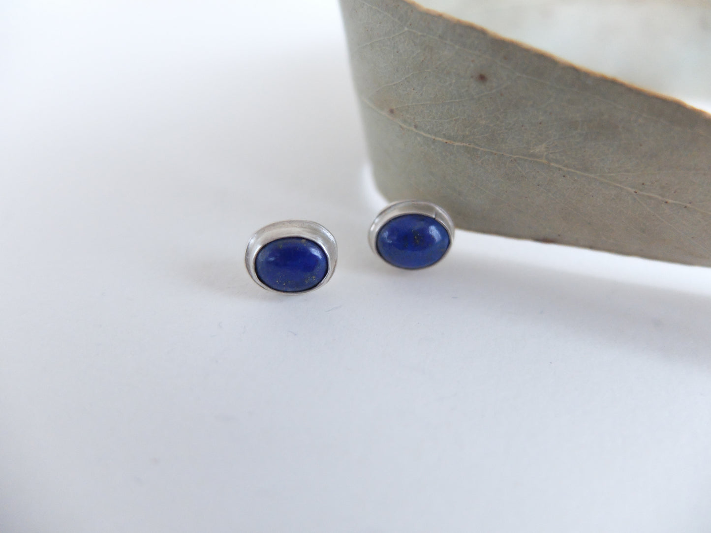 Pair of blue stud earrings on a white background