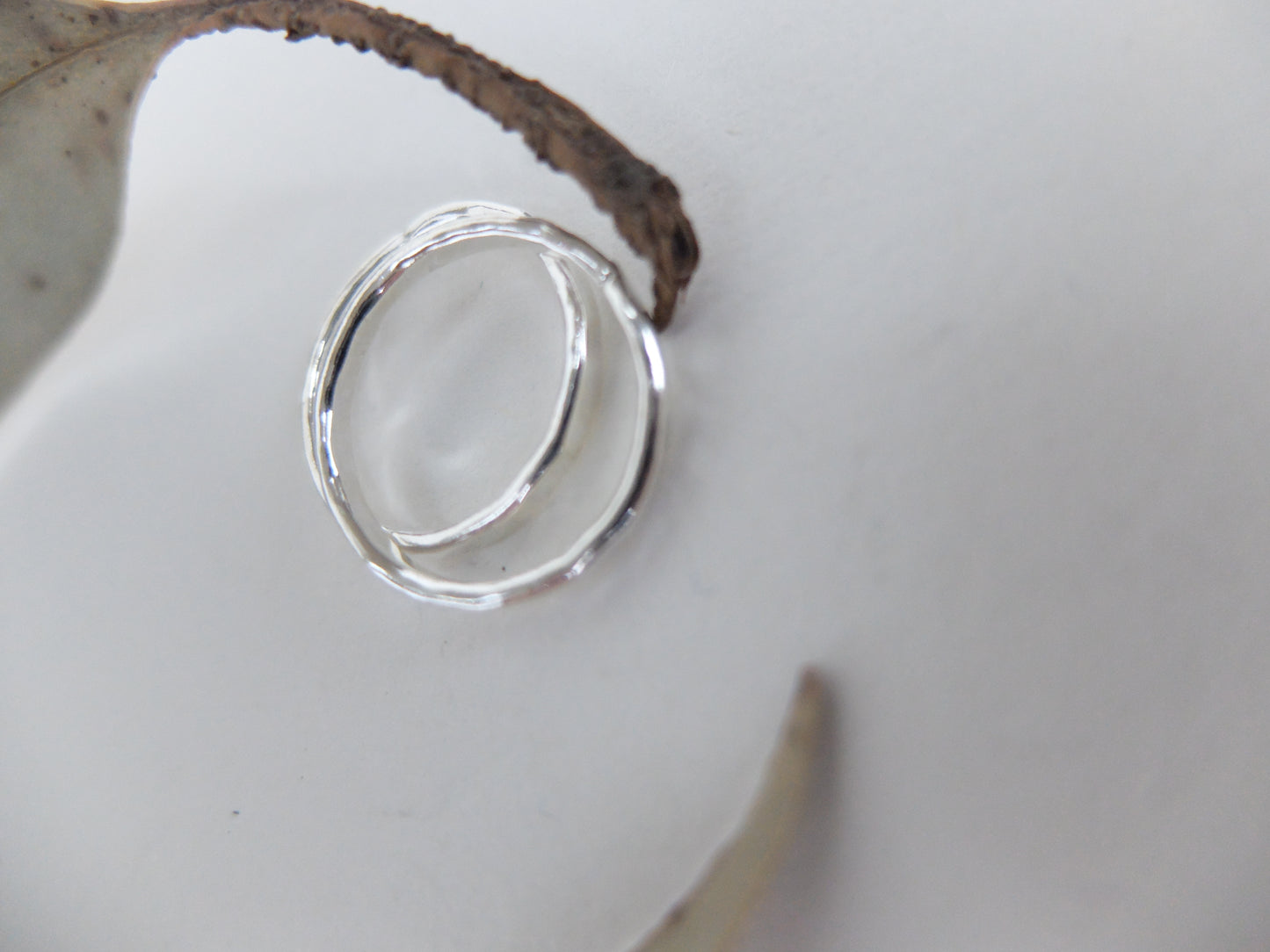 Silver ring on a white surface with a natural element